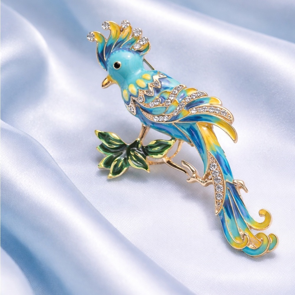 Blue Bird Long Tail Crystal Brooch
